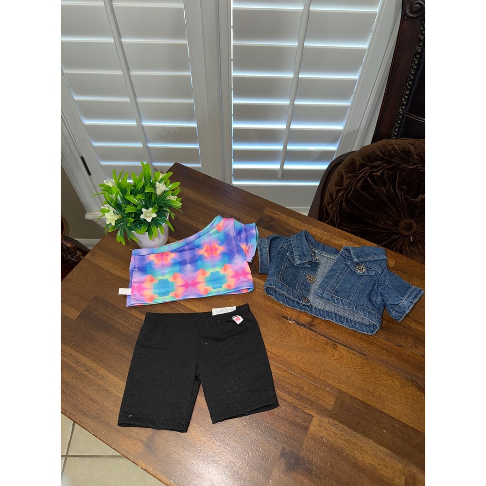 Build-A-Bear Outfit Set Denim Jacket Tie Dye One Shoulder Top Black Leggings
